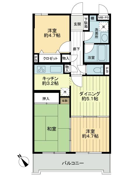 Floor plan. 3DK, Price 21,800,000 yen, Occupied area 56.56 sq m , Balcony area 6.87 sq m