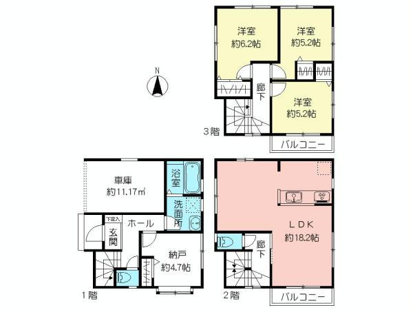 Floor plan. (Building 2), Price 38,800,000 yen, 3LDK+S, Land area 61.97 sq m , Building area 108.87 sq m