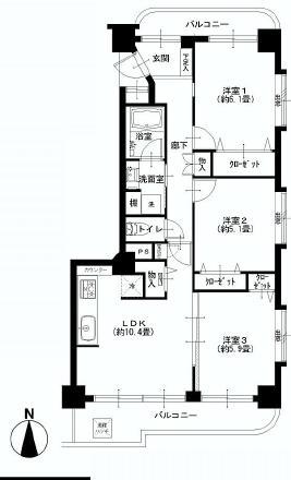 Floor plan. 3LDK, Price 29,900,000 yen, Occupied area 64.78 sq m , Balcony area 12.08 sq m