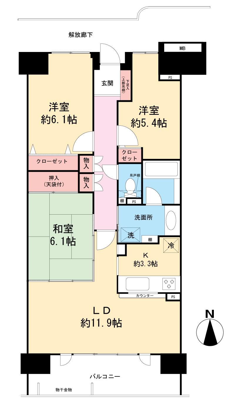 Floor plan. 3LDK, Price 33,800,000 yen, Occupied area 74.45 sq m , Balcony area 11.02 sq m