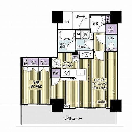 Floor plan. 1LDK, Price 38,800,000 yen, Occupied area 46.39 sq m , Balcony area 121.72 sq m