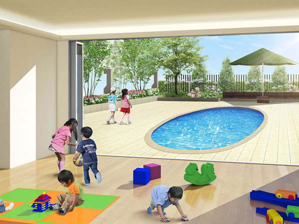 Shared facilities.  [Support exchanges between children and Mom a children's room] Consisting of outdoor space with a spacious playroom and pool, It is a space for children. Without hesitation even on a rainy day, You can freely play. Also takes an active part as a place of exchange between mom. (Rendering)