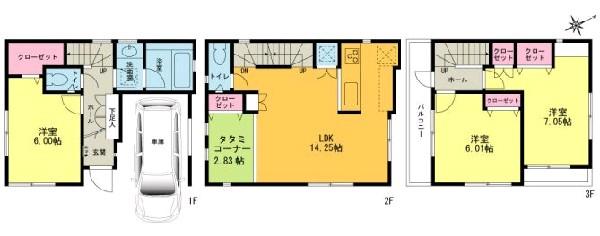 Floor plan. 45,800,000 yen, 3LDK+S, Land area 57.07 sq m , Building area 94.95 sq m counter kitchen Walk-in closet