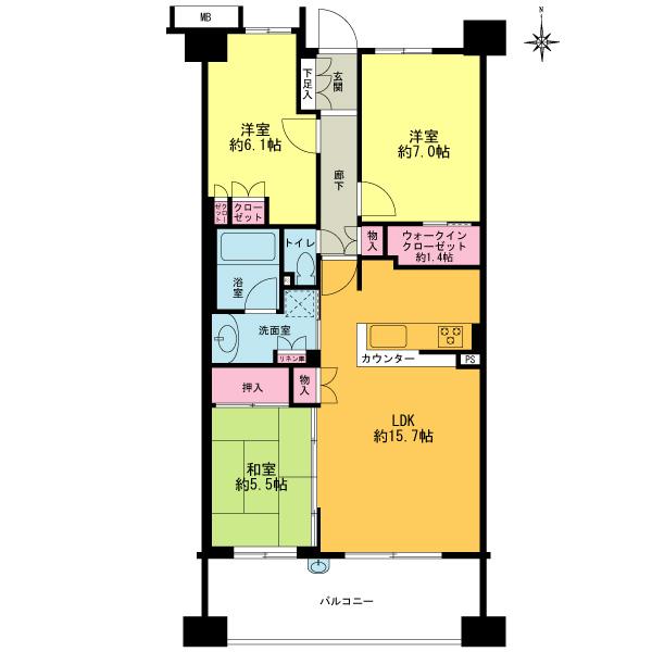 Floor plan. 3LDK, Price 44,900,000 yen, Occupied area 75.66 sq m , Balcony area 12.8 sq m