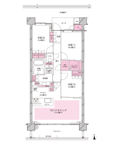 <E Type> 3LDK + storeroom + walk-in closet Occupied area / 74.76 sq m  [Including trunk room area 0.81 sq m]  Balcony area / 11.65 sq m  Porch area / 4.12 sq m