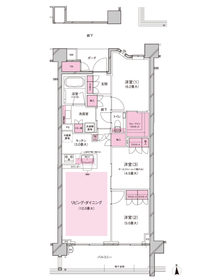 <G Type> 3LDK + walk-in closet Occupied area / 71.82 sq m  [Including trunk room area 1.05 sq m]  Balcony area / 11.1 sq m  Porch area / 3.08 sq m