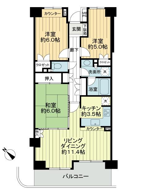 Floor plan. 3LDK, Price 35,300,000 yen, Occupied area 72.62 sq m , Balcony area 9.9 sq m