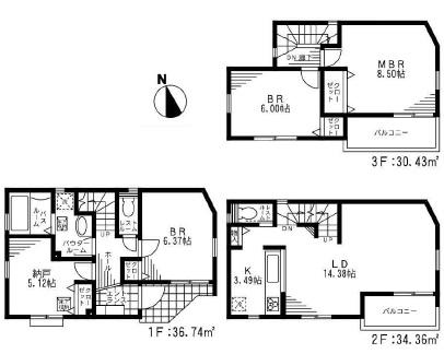 Floor plan. (6 Building), Price 43,800,000 yen, 3LDK+S, Land area 73.43 sq m , Building area 101.53 sq m