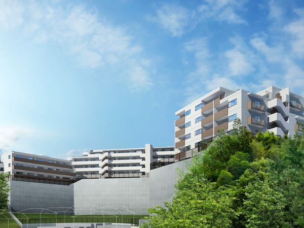 Buildings and facilities. Sunshine and on top of the green wrapped Hiyoshi of hill. Up close beautiful cityscape of Southern Europe taste. Stylish steeped in freshness full of white and chic brown appearance is, More shines the blue sky in the back, It will be a new landscape itself of this town. (Exterior view)