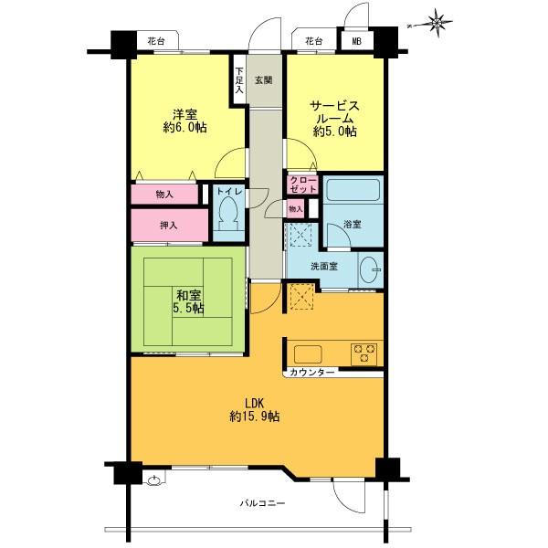 Floor plan. 2LDK+S, Price 33,800,000 yen, Occupied area 70.79 sq m , Balcony area 9.79 sq m counter kitchen LDK15.9 Pledge None downstairs dwelling unit