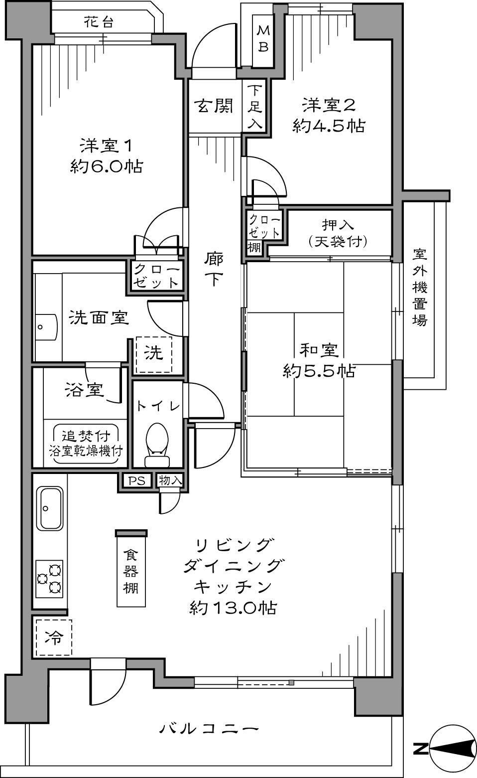 Floor plan. 3LDK, Price 32,800,000 yen, Footprint 65.66m2, Balcony area 9.73m2