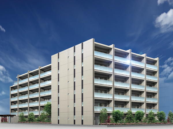 Buildings and facilities. It is worthy of sublime appearance in Mizonokuchi. Stylish facade design with a beige and gray tones. In design motifs emphasize the vertical line height, We directed the presence and personality timeless. Balconies of glass handrail to produce a sophisticated, Gentle appearance and big sky will be projected around. (Exterior view)