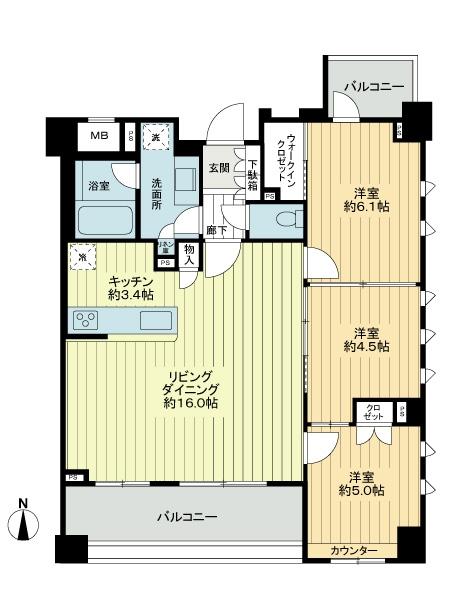Floor plan. 3LDK, Price 38,500,000 yen, Occupied area 74.41 sq m , Balcony area 13.23 sq m