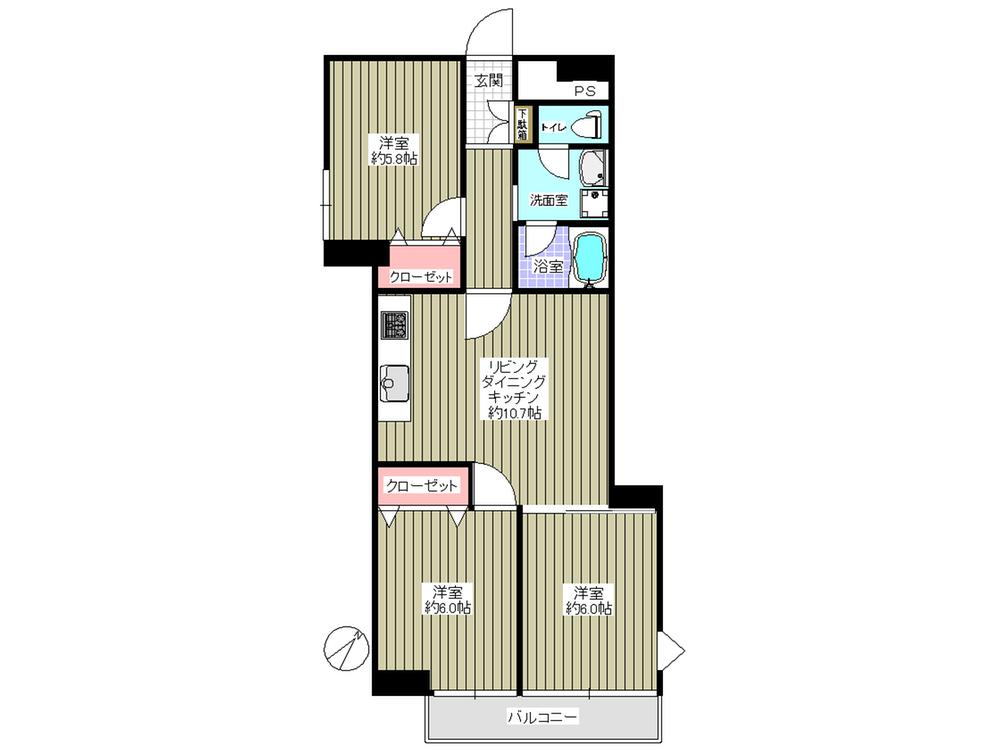 Floor plan. 3LDK, Price 29,800,000 yen, Occupied area 61.38 sq m , Balcony area 4.23 sq m