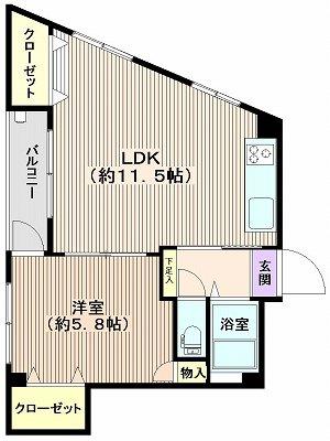 Floor plan. 1LDK, Price 6.9 million yen, Occupied area 34.91 sq m , Balcony area 2.52 sq m