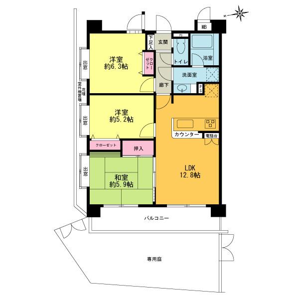 Floor plan. 3LDK, Price 32,900,000 yen, Occupied area 65.02 sq m , Balcony area 9.69 sq m floor plan