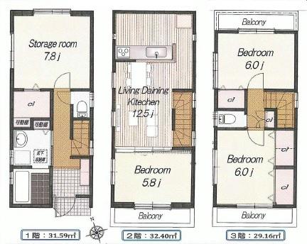 Floor plan. (1 Building), Price 30,458,000 yen, 3LDK, Land area 70.29 sq m , Building area 93.15 sq m