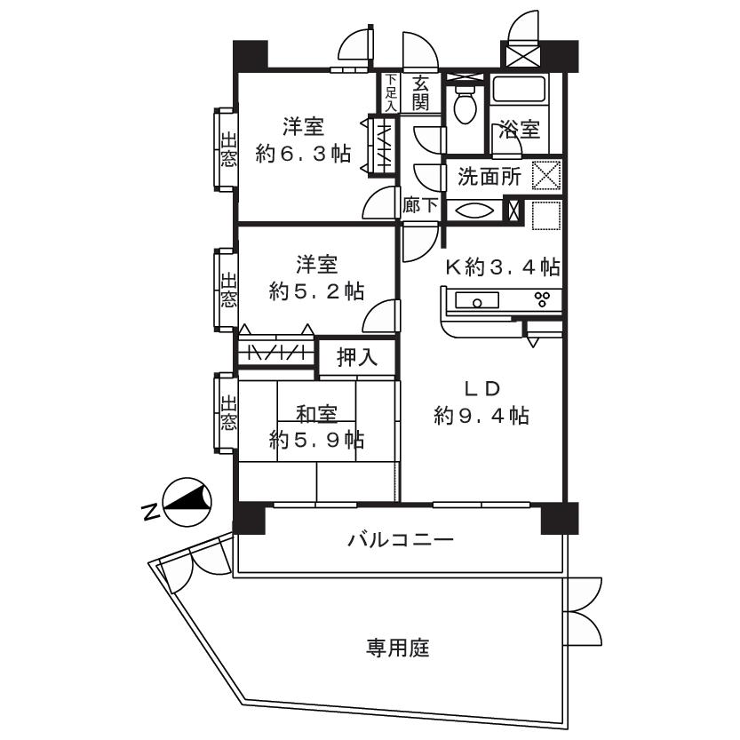 Floor plan. 3LDK, Price 32,900,000 yen, Occupied area 65.02 sq m , Balcony area 9.69 sq m