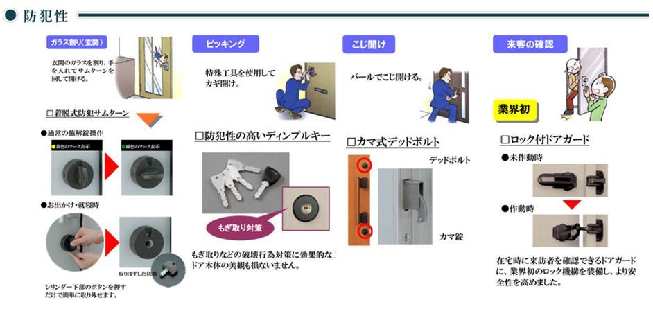 Security equipment. Double lock and a removable thumb-turn entrance door is placed the key in the up and down two places, Also can you be removing the internal key at the time of going out or going to bed.