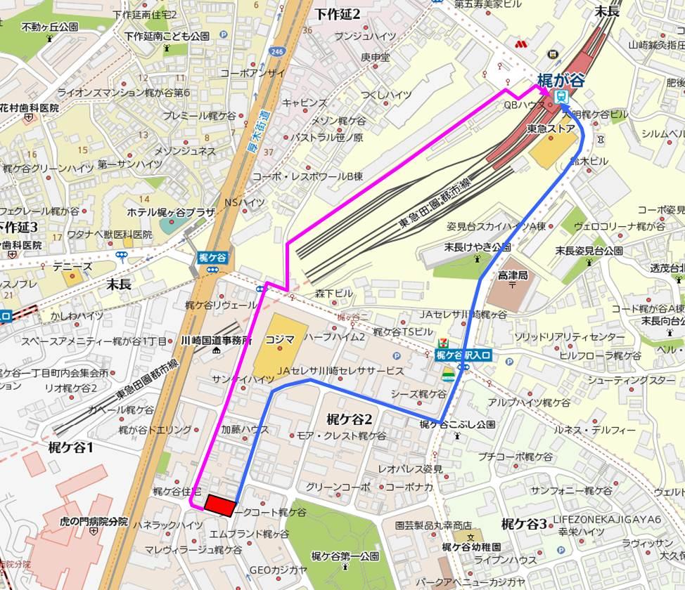 Local guide map. (1) Kaji is 735m walk 10 minutes to the valley station in the pink route from the planning area (2) 765m a 10-minute walk from the planning area Kaji until the valley station in the Blue Route