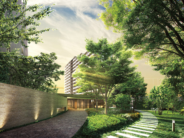 Features of the building.  ["Canopy of the forest" to escort "Forest Entrance"] Approach to the entrance to exit the "canopy of the forest" in the oversized zelkova. (Forest Rendering of Forest Entrance & canopy)