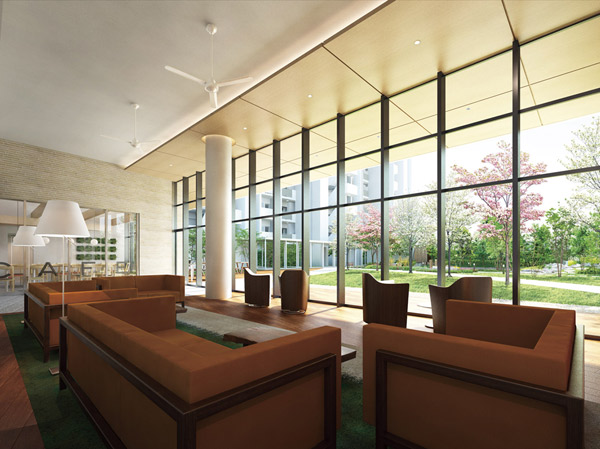 Features of the building.  [Forest salon] The spread on the other side of the spacious glass of ceiling height about 4m is, If you visit a pleasant were summarized in the "Central Garden of green" chic interior "Forest Salon", It is can be likely to enjoy the beautiful scenery and relaxing time at any time. (Forest salon Rendering)