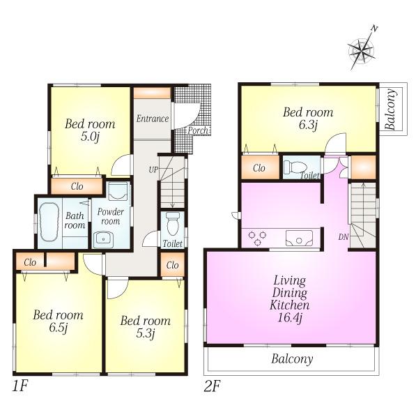 Floor plan. (Building 2), Price 41,300,000 yen, 4LDK, Land area 86.28 sq m , Building area 90.87 sq m