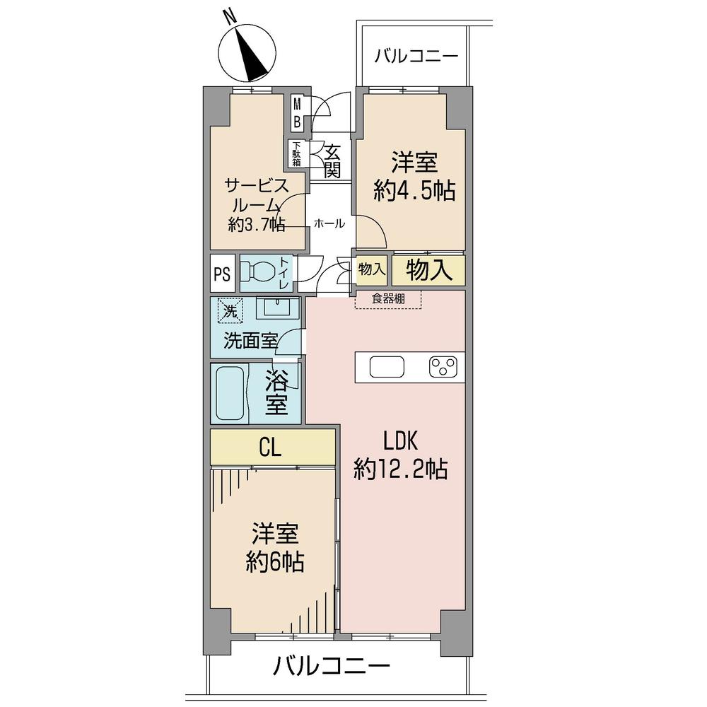 Floor plan. 2LDK + S (storeroom), Price 20.8 million yen, Occupied area 61.61 sq m , Balcony area 10.44 sq m floor plan