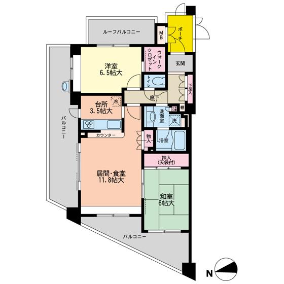 Floor plan. 2LDK, Price 35,800,000 yen, Occupied area 68.47 sq m , Balcony area 28.16 sq m