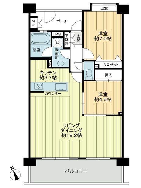 Floor plan. 2LDK, Price 26,800,000 yen, Occupied area 72.35 sq m , Balcony area 12.6 sq m