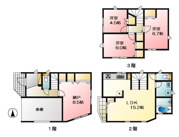 Floor plan. (3 Building), Price 43,800,000 yen, 4LDK, Land area 70.02 sq m , Building area 117.02 sq m