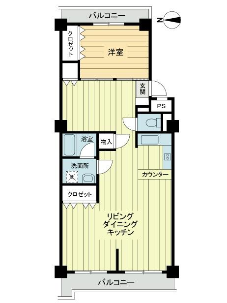 Floor plan. 1LDK, Price 22.5 million yen, Occupied area 65.61 sq m , Balcony area 9.27 sq m