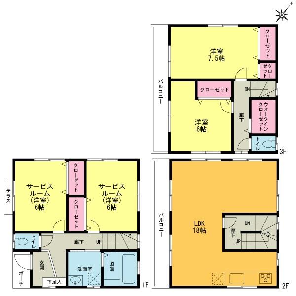 Floor plan. 49,800,000 yen, 2LDK+2S, Land area 91.71 sq m , Building area 106.11 sq m LDK18 Pledge All room 6 quires more Wide balcony