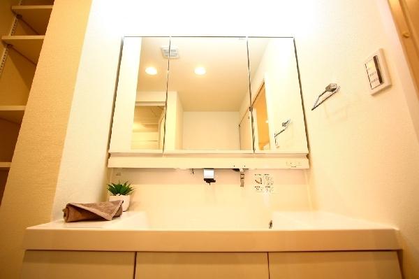 Wash basin, toilet. Wash basin is a three-sided mirror type easy-to-use.