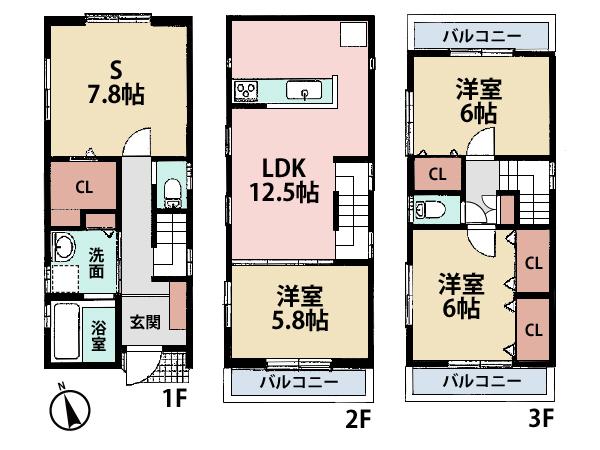 Floor plan. (1 Building), Price 30,458,000 yen, 3LDK+S, Land area 70.29 sq m , Building area 93.15 sq m