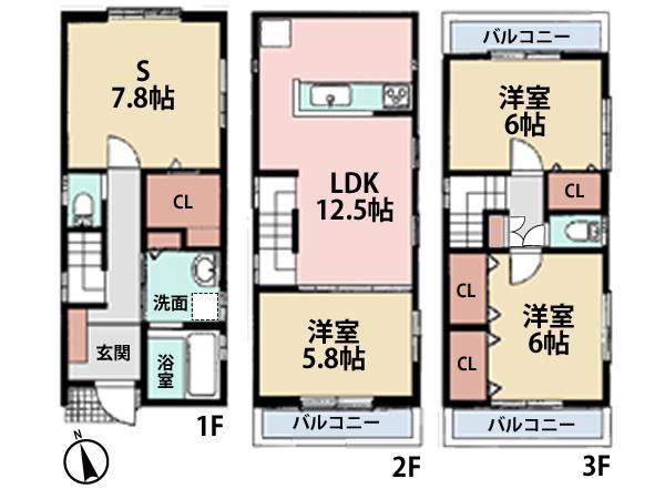 Floor plan. (Building 2), Price 31,458,000 yen, 3LDK+S, Land area 71.95 sq m , Building area 93.15 sq m