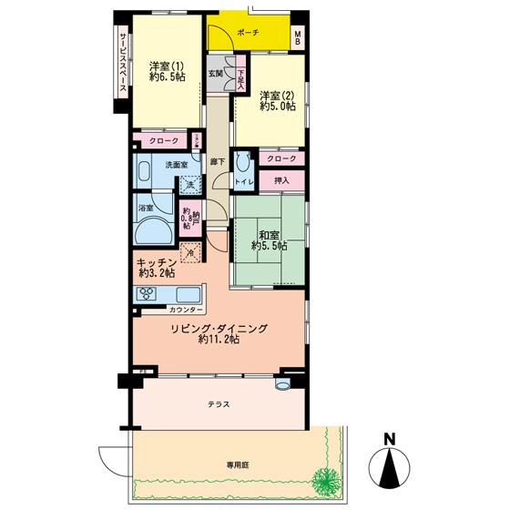 Floor plan. 3LDK + S (storeroom), Price 36 million yen, Large private garden southeast angle dwelling unit also become occupied area 71.69 sq m second living