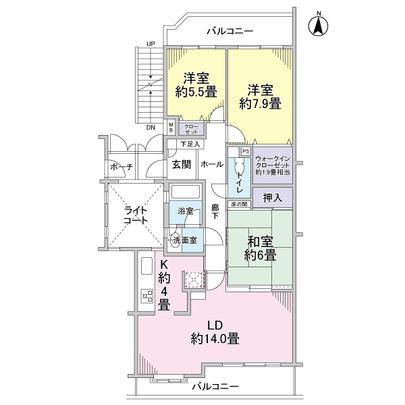 Floor plan. LD about 14 tatami mats, Kitchen 4 tatami, 1.9 tatami WIC, bathroom ・ Wash ・ kitchen
