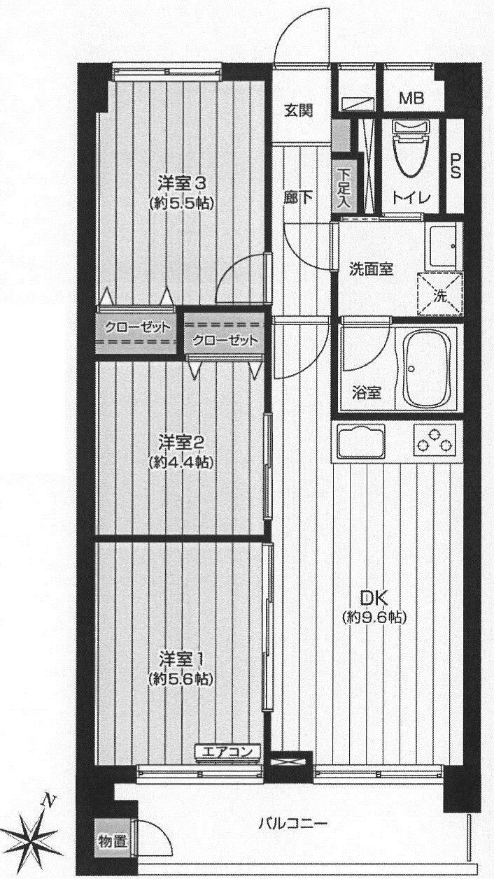 Floor plan. 3DK, Price 12.9 million yen, Footprint 55 sq m , Balcony area 6.89 sq m