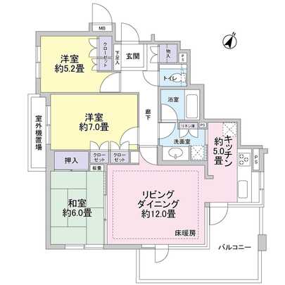 Floor plan. From 5 tatami some kitchen, You go out balcony some depth. Floor heating in LD