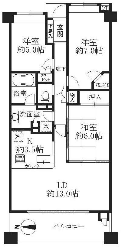 Floor plan. 3LDK, Price 34,900,000 yen, Occupied area 76.62 sq m , Balcony area 12.25 sq m