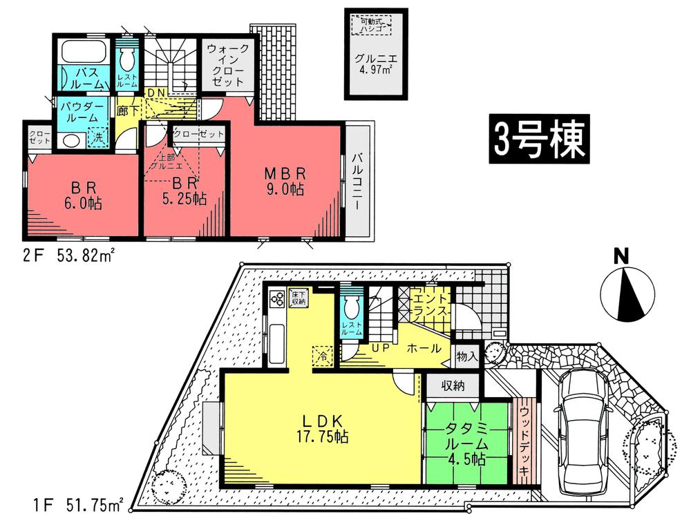 Floor plan. (3 Building), Price 62,800,000 yen, 3LDK, Land area 102.83 sq m , Building area 105.57 sq m