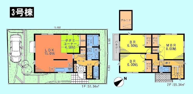 Floor plan. (3 Building), Price 46,800,000 yen, 3LDK, Land area 105.63 sq m , Building area 102.68 sq m