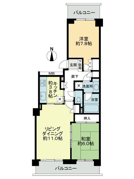 Floor plan. 2LDK, Price 31,800,000 yen, Occupied area 64.87 sq m , Balcony area 13.65 sq m