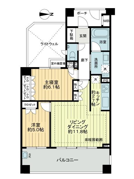 Floor plan. 2LDK, Price 31,800,000 yen, Occupied area 60.12 sq m , Balcony area 14.4 sq m