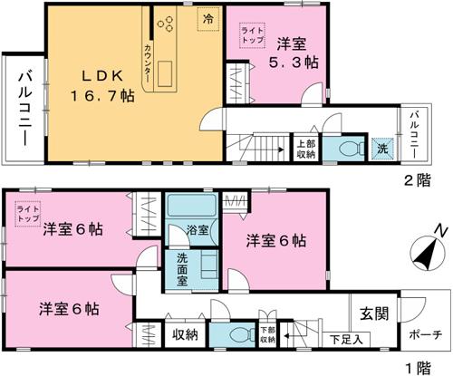 Floor plan. 52,800,000 yen, 2LDK + 2S (storeroom), Land area 92.46 sq m , Building area 99.82 sq m mizonokuchi station a 10-minute walk two-storey