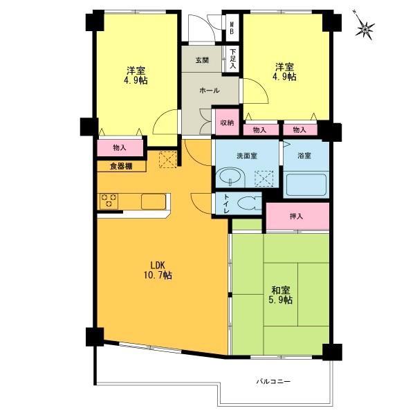 Floor plan. 3LDK, Price 15.8 million yen, Occupied area 61.46 sq m , Balcony area 7.87 sq m counter kitchen Southwestward 3LDK