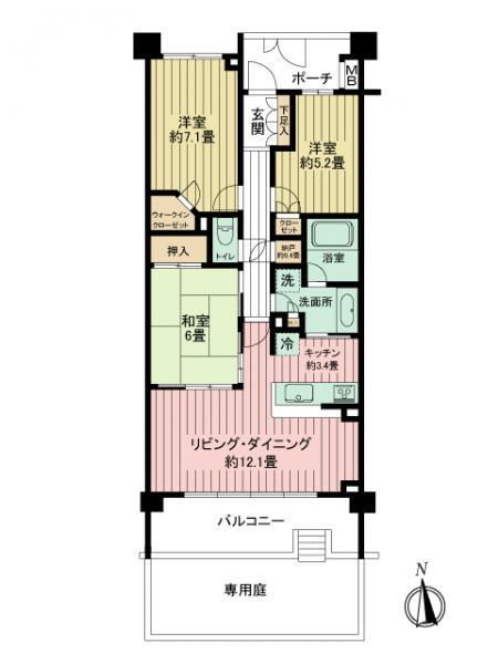 Floor plan. 3LDK, Price 35,800,000 yen, Occupied area 75.88 sq m , Balcony area 12.6 sq m