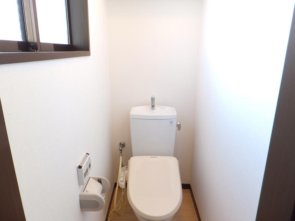 Toilet. It is a window with a toilet. Bright toilet.