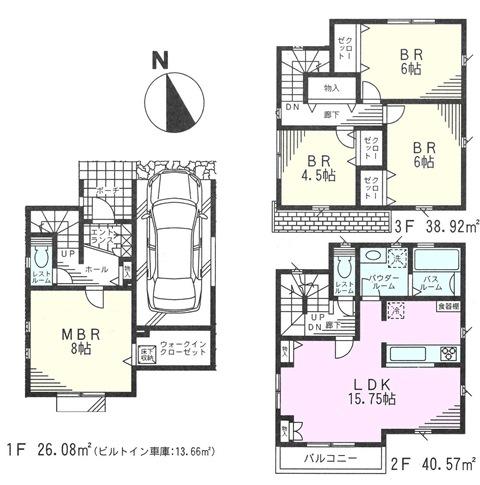 Floor plan. (1 Building), Price 49,800,000 yen, 4LDK, Land area 70.11 sq m , Building area 105.57 sq m